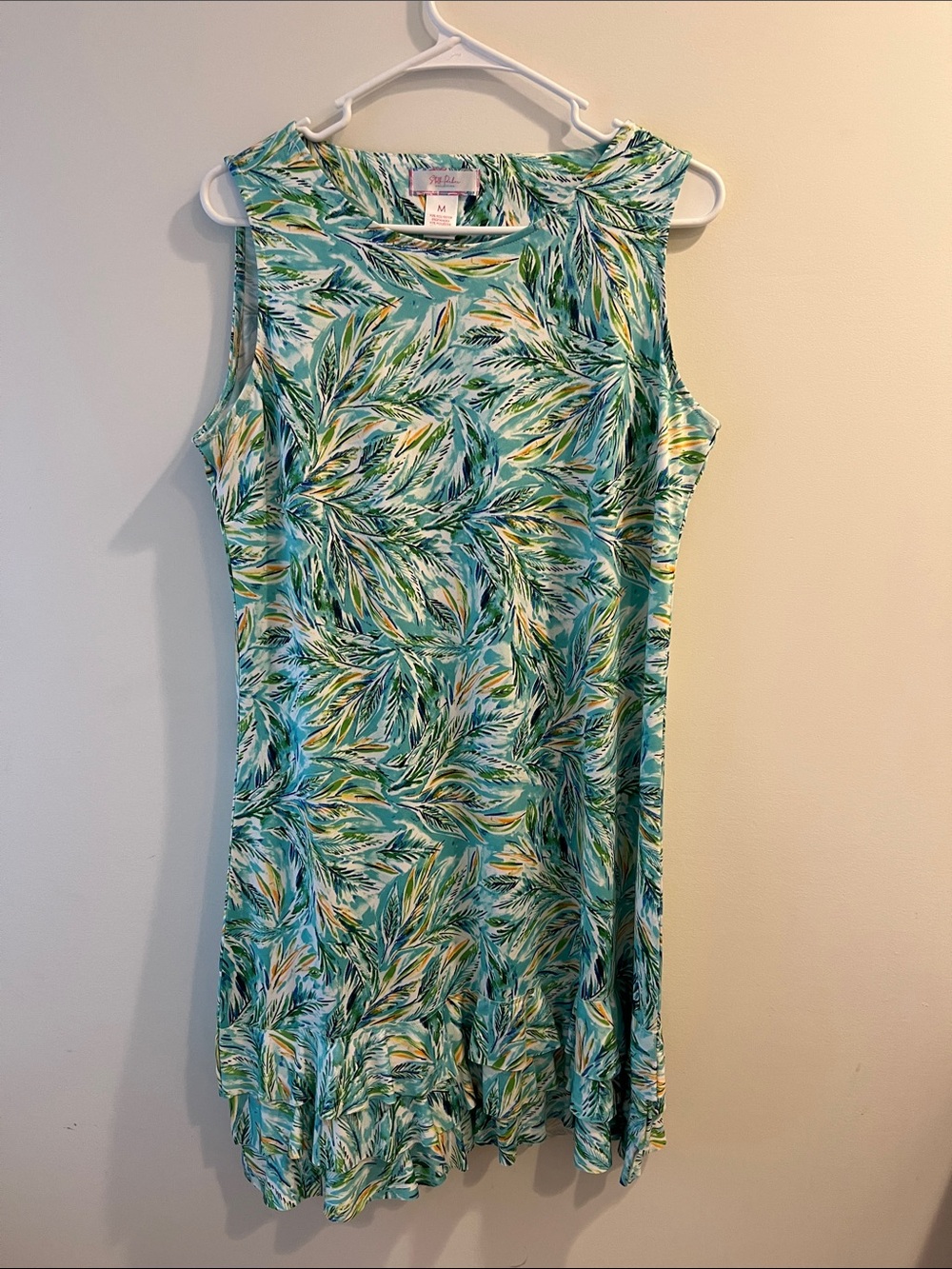 Sleeveless Teal Leaf-Print Mini Dress